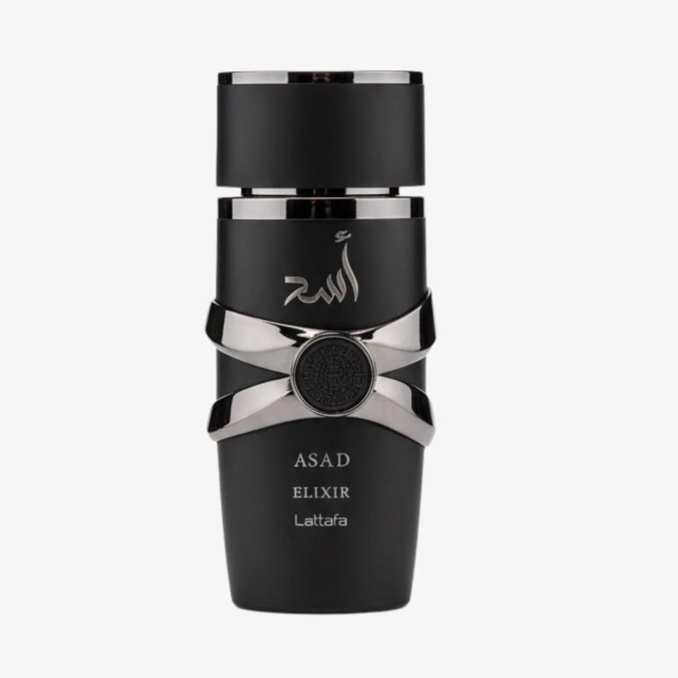 Lattafa Asad Elixir front bottle shot showing elegant design and confident presence