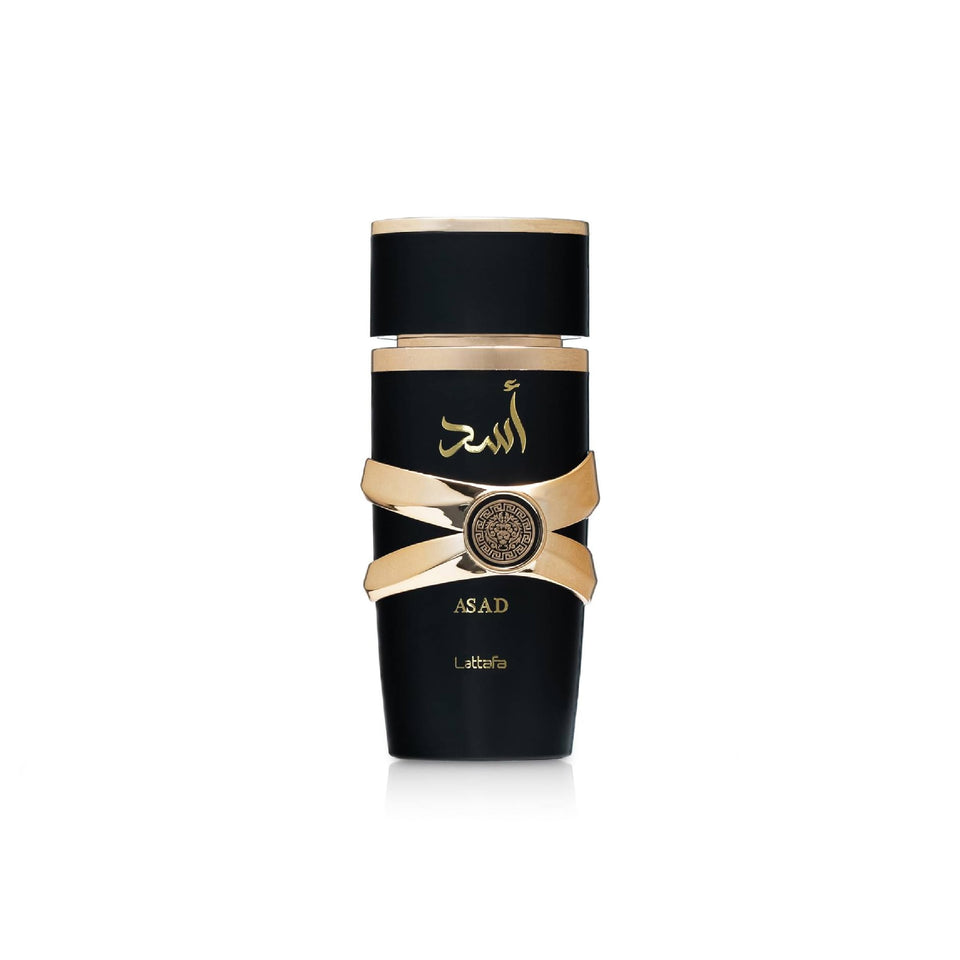 Lattafa Asad front packaging showing brand and elegant bottle for premium impression