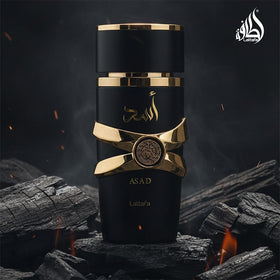 Lattafa Asad glass texture closeup emphasizing refined bottle craftsmanship and durability