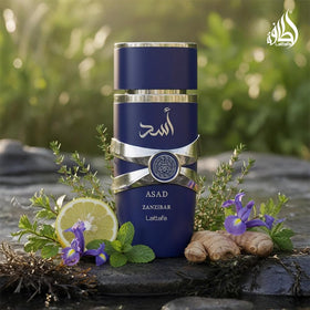 Lattafa Asad Zanzibar bottle with seashell evoking coastal coconut freshness