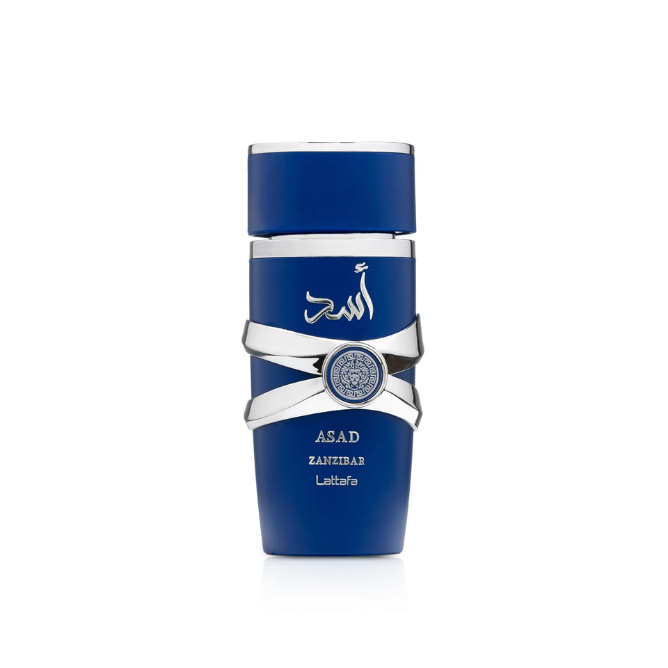 Lattafa Asad Zanzibar front bottle showing elegant design and instant freshness