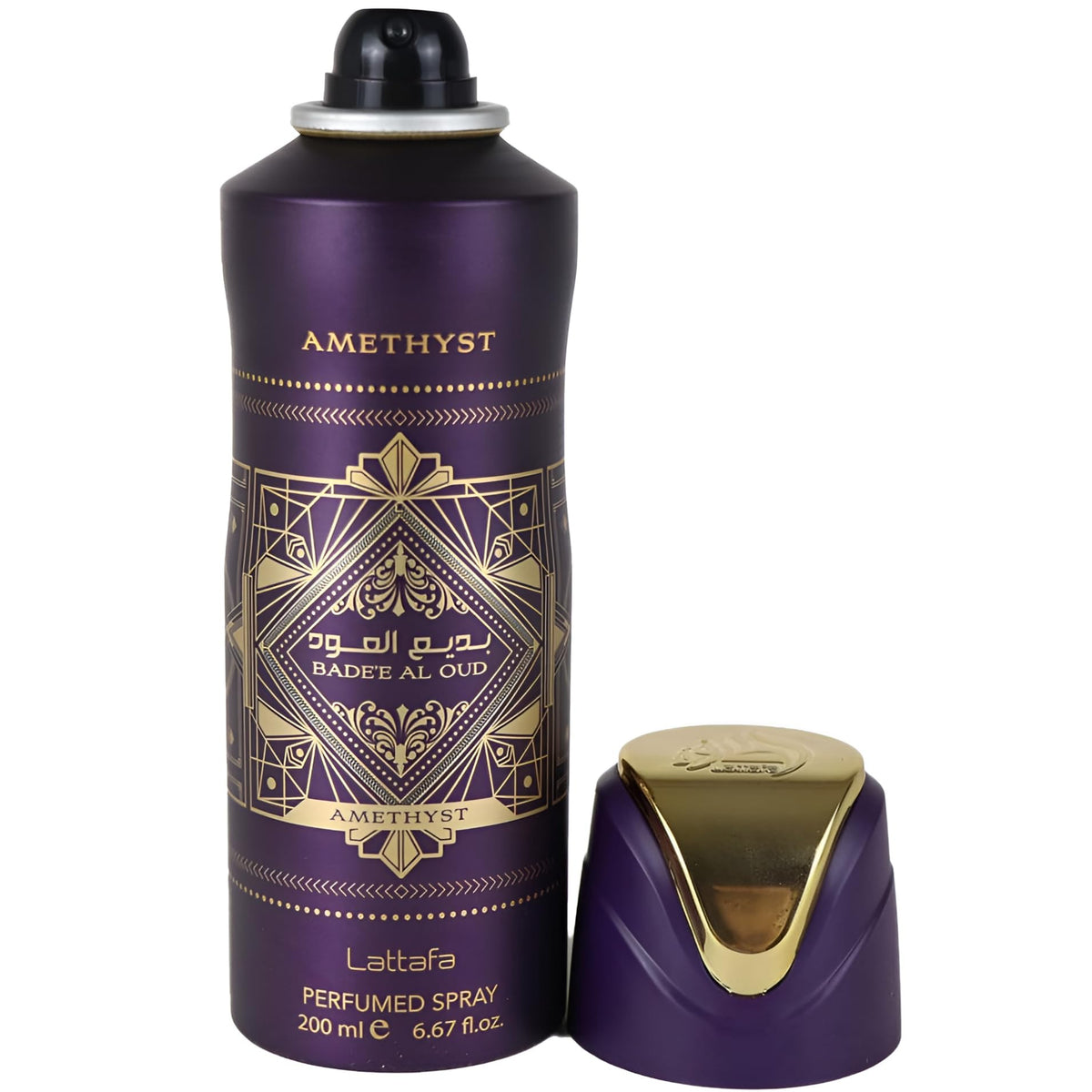 Lattafa Bade'e Al Oud Amethyst nozzle close-up showing spray texture and precise application benefit