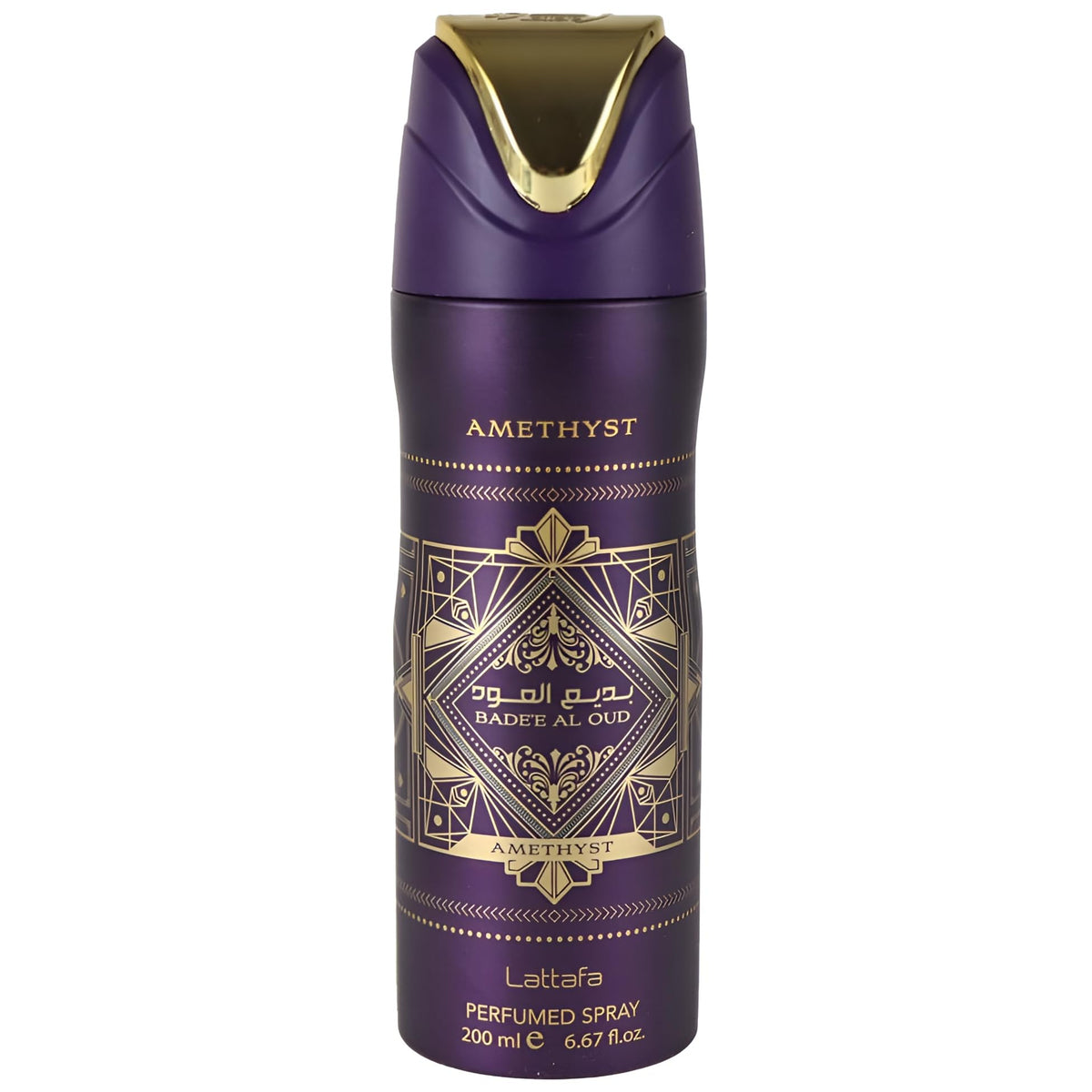 Lattafa Bade'e Al Oud Amethyst front can showing elegant label and size benefit: easy identification