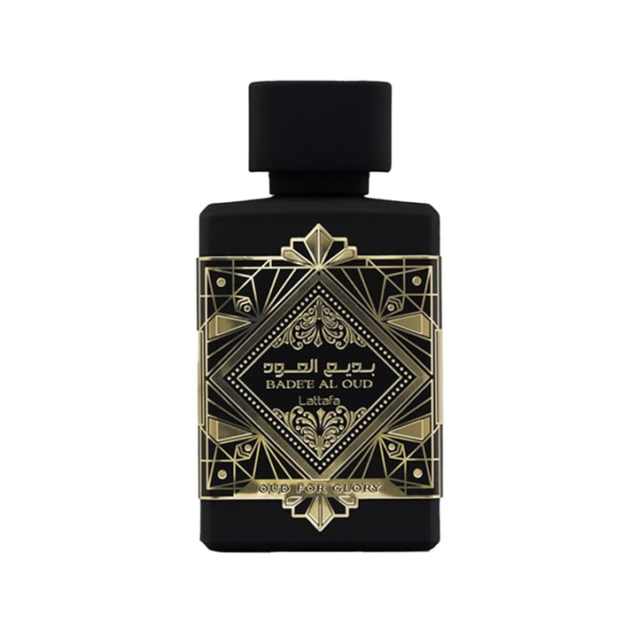 Lattafa Bade'e Al Oud bottle front view showcasing elegant design and bold scent