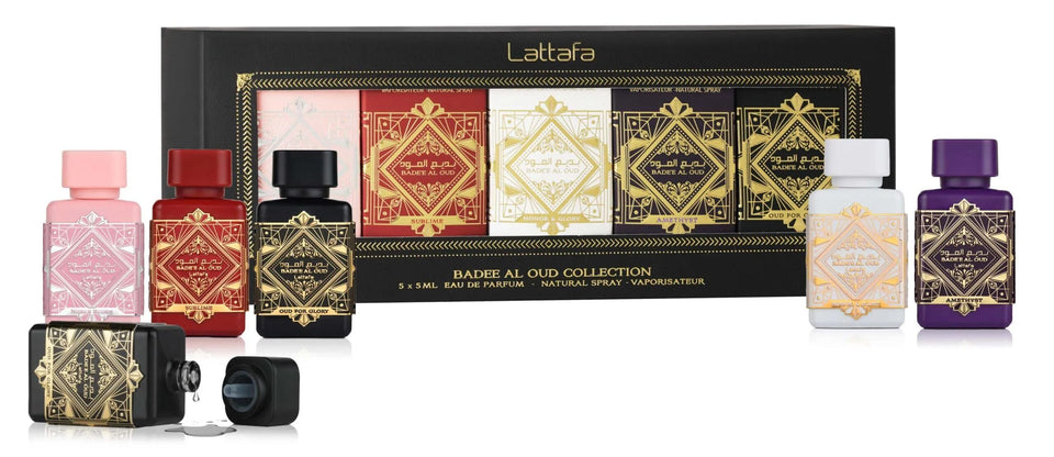 Lattafa Bade'e Al Oud front packaging showing five mini bottles, gift-ready presentation benefit