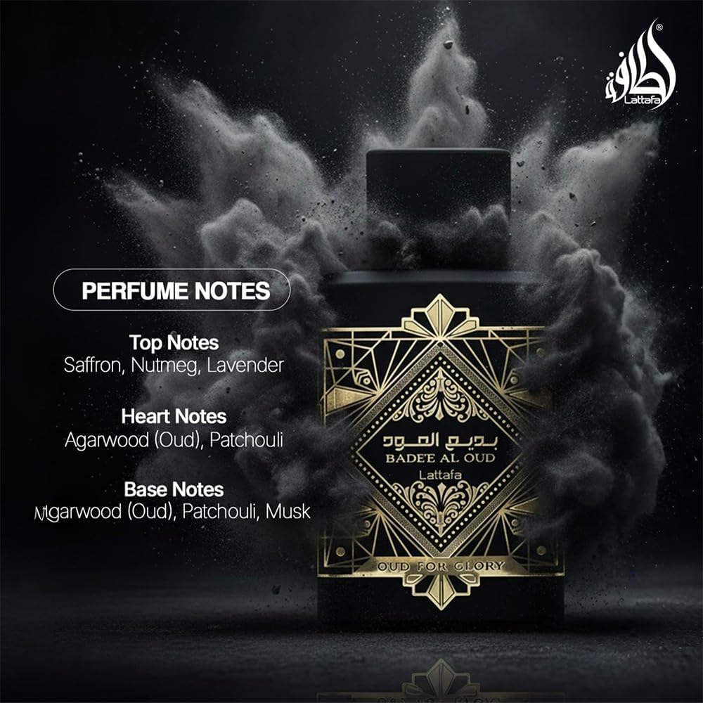 Lattafa Bade'e Al Oud label detail emphasizing scent name and premium finish