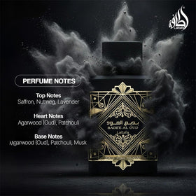 Lattafa Bade'e Al Oud label detail emphasizing scent name and premium finish