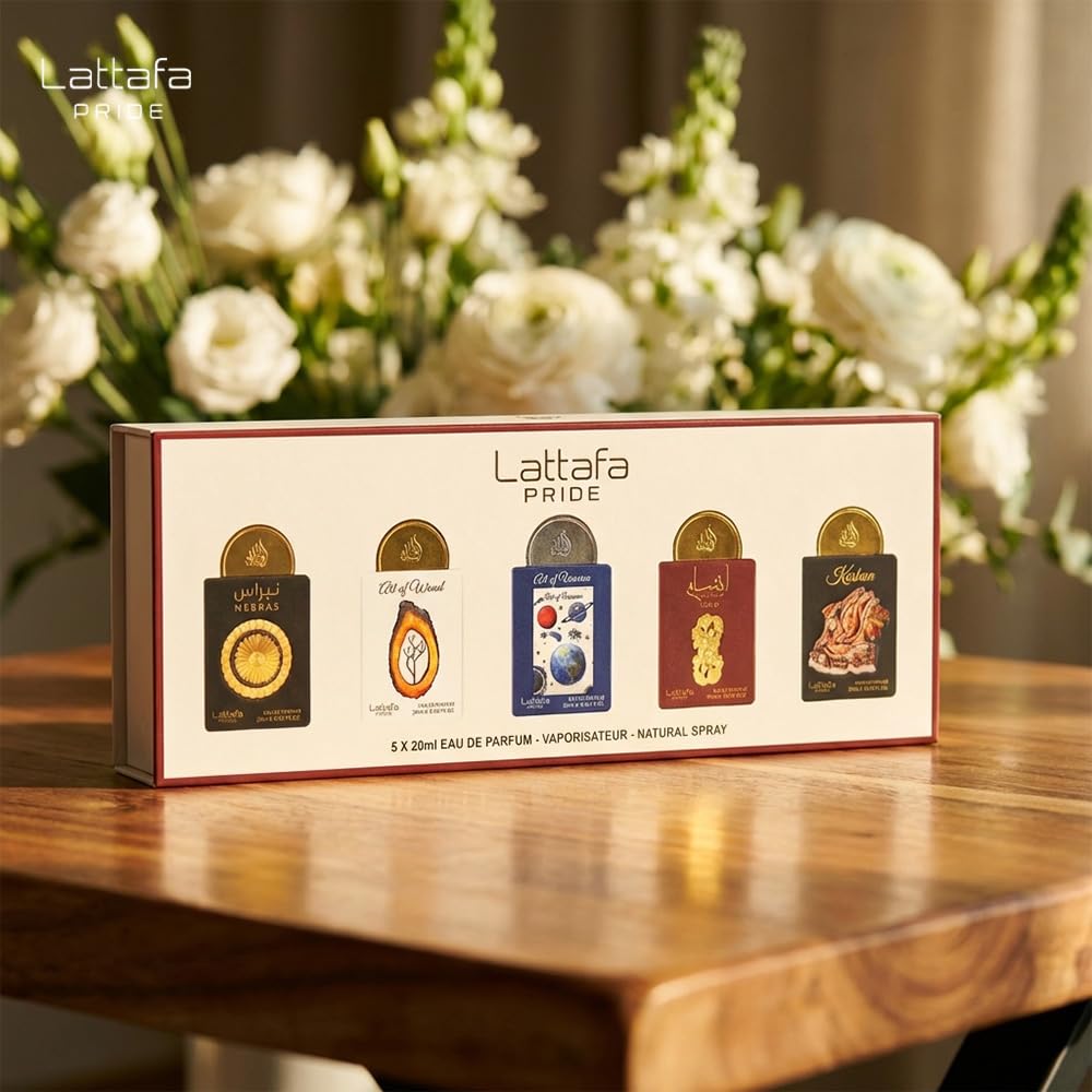 Lattafa bottles lined up collection showing variety of scents for mood-based choices