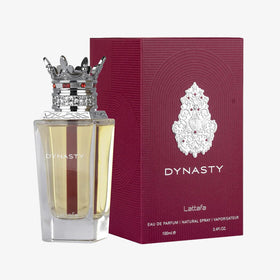 Lattafa Dynasty bottle angled in lifestyle scene conveying confident wear