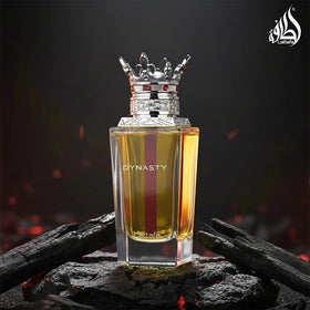 Lattafa Dynasty bottle on wooden table illustrating warm woody vibe
