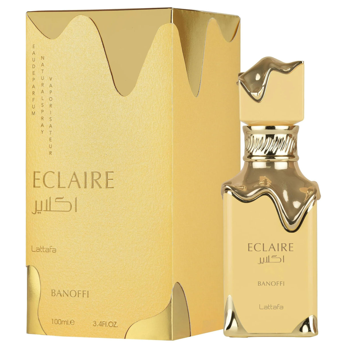 Lattafa Eclaire Banoffi close-up of spray and label highlighting premium finish and ease of use