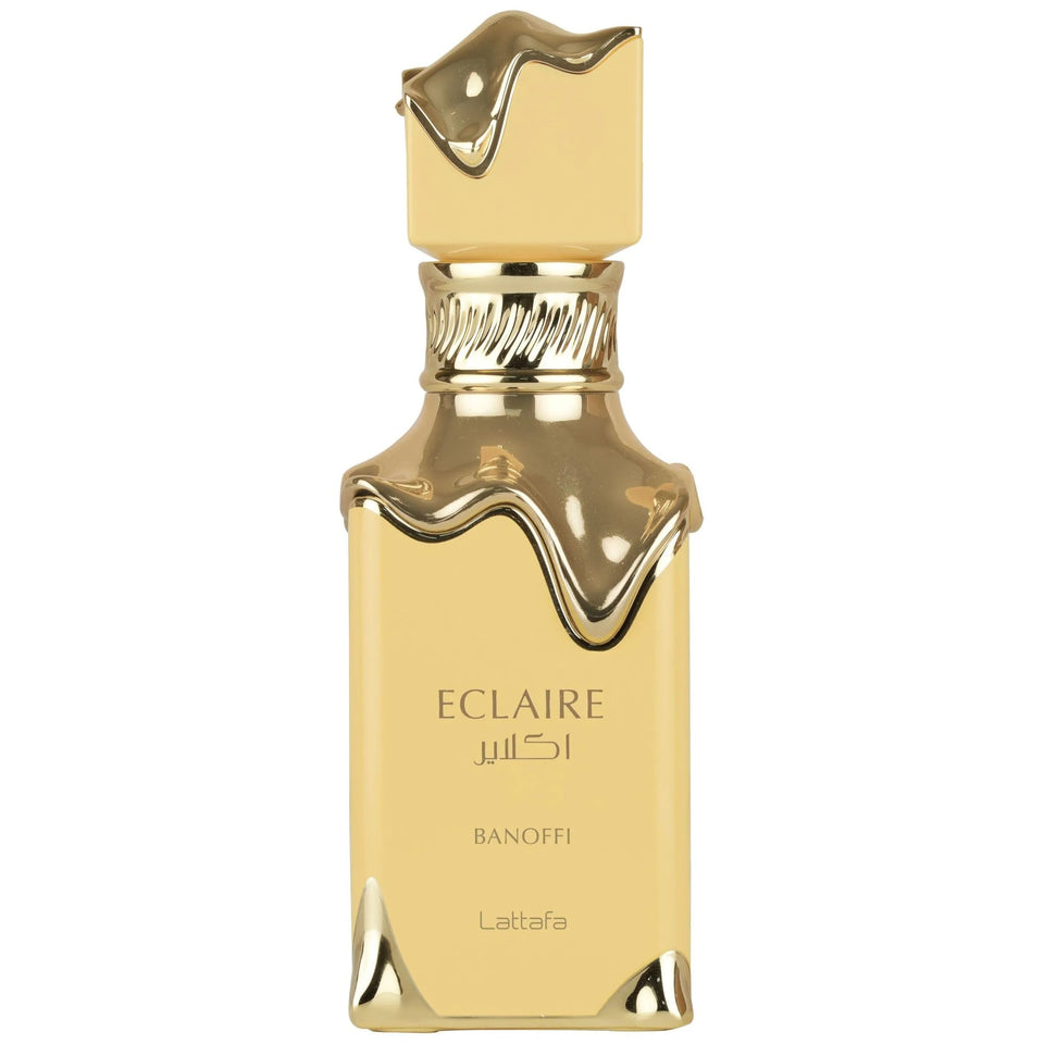 Lattafa Eclaire Banoffi front bottle view showing elegant design and gourmand appeal