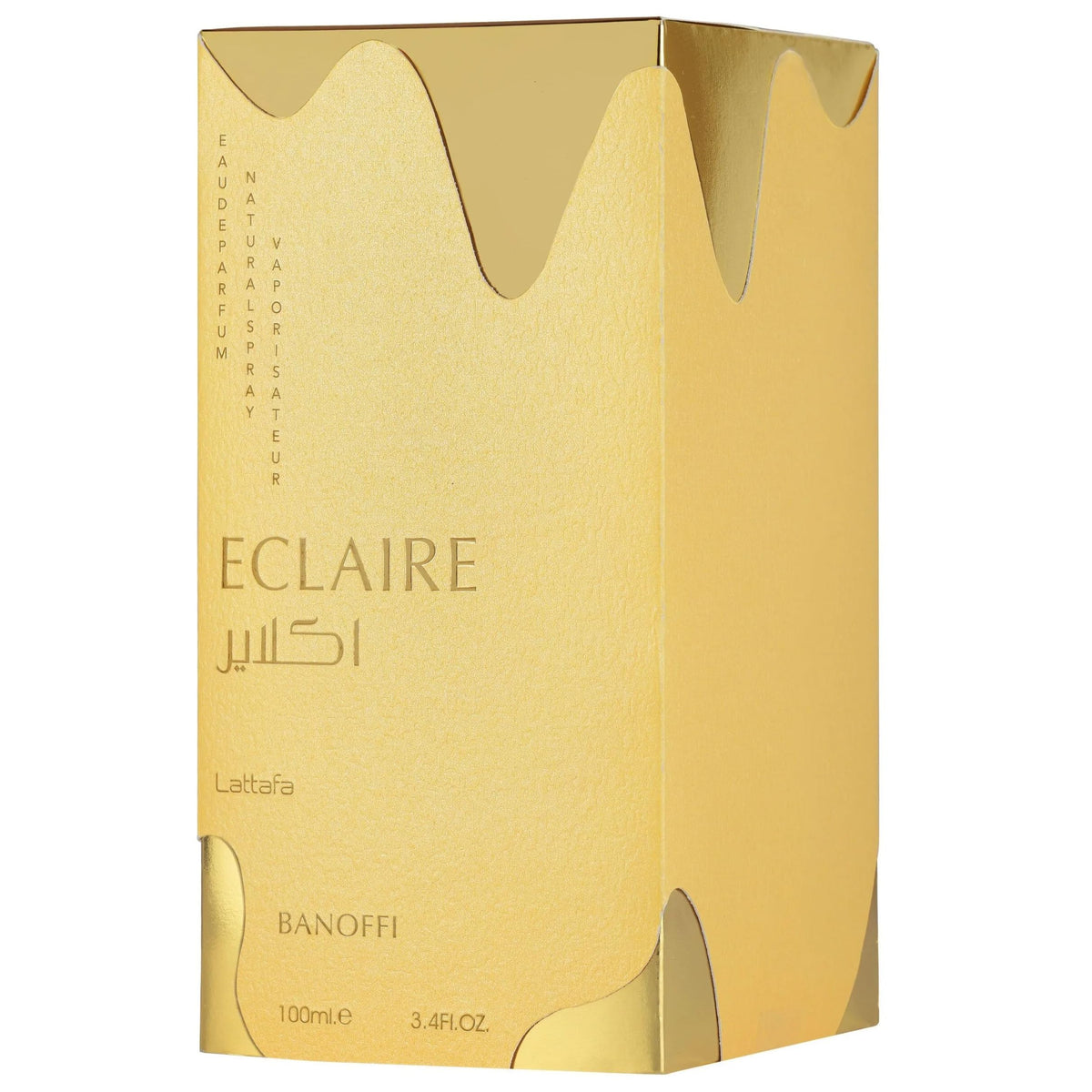 Lattafa Eclaire Banoffi on vanity with desserts suggesting sweet banana and caramel comfort