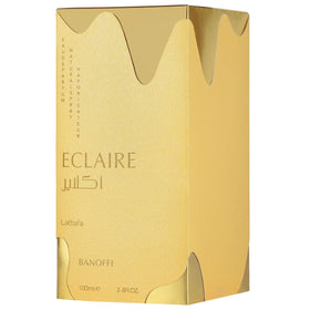 Lattafa Eclaire Banoffi on vanity with desserts suggesting sweet banana and caramel comfort