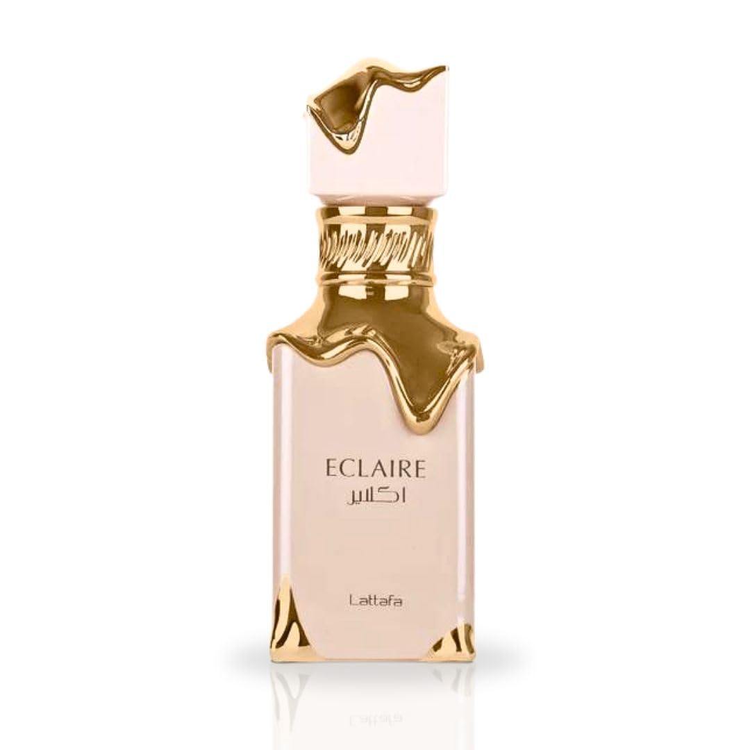 Lattafa Eclaire bottle close-up highlighting glass texture and color, premium look benefit