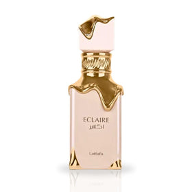 Lattafa Eclaire bottle close-up highlighting glass texture and color, premium look benefit