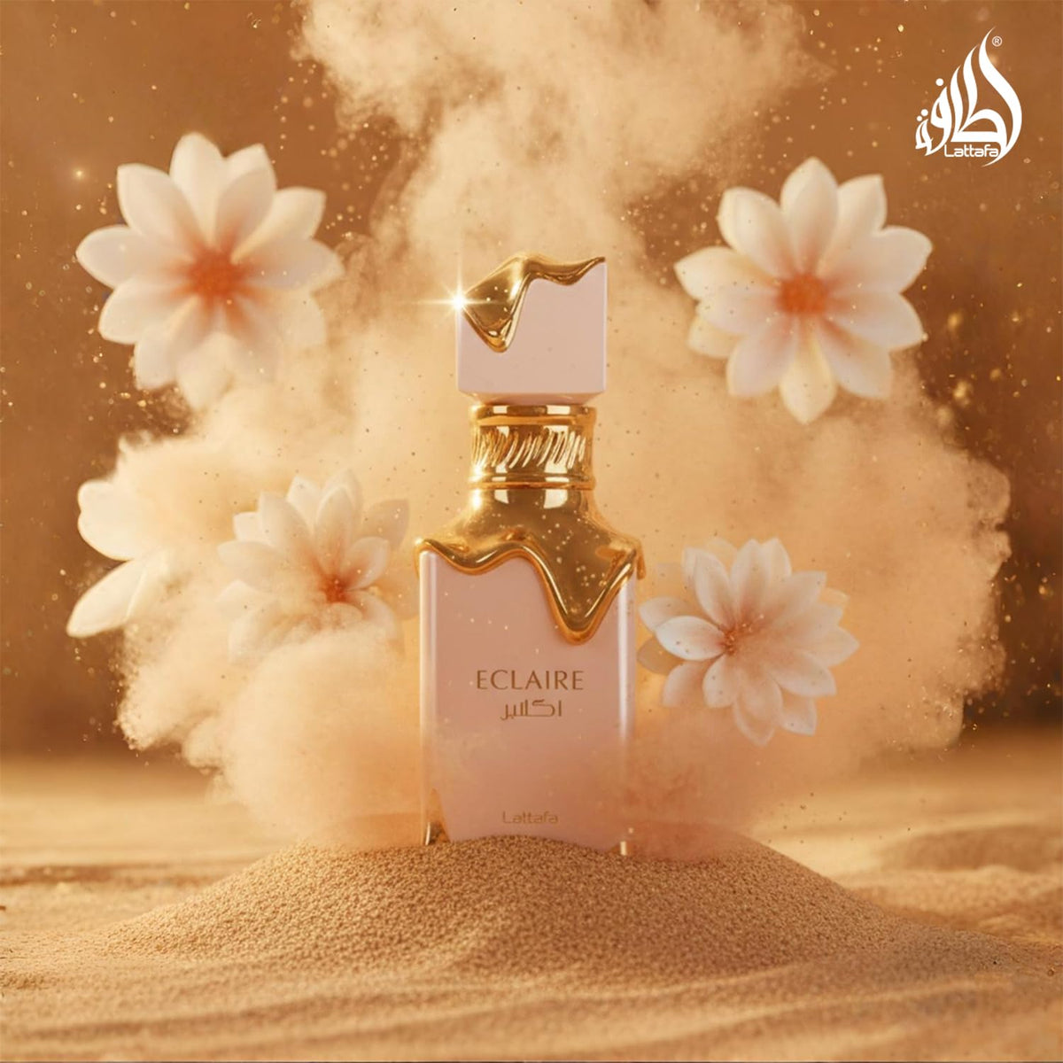 Lattafa Eclaire bottle on vanity styled to show everyday elegance