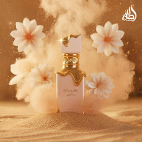 Lattafa Eclaire bottle on vanity styled to show everyday elegance