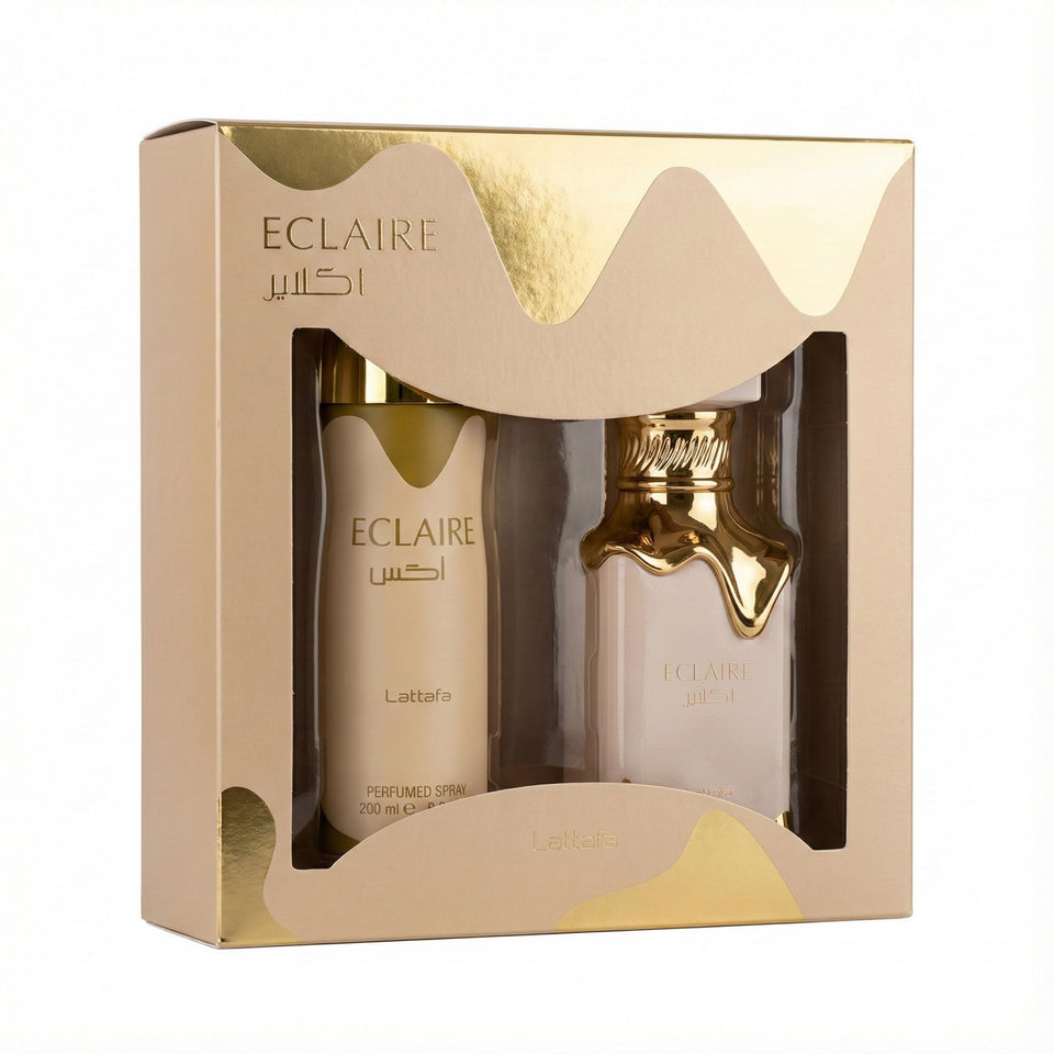 Lattafa Eclaire front packaging showing both bottles and gift box, elegant presentation benefit