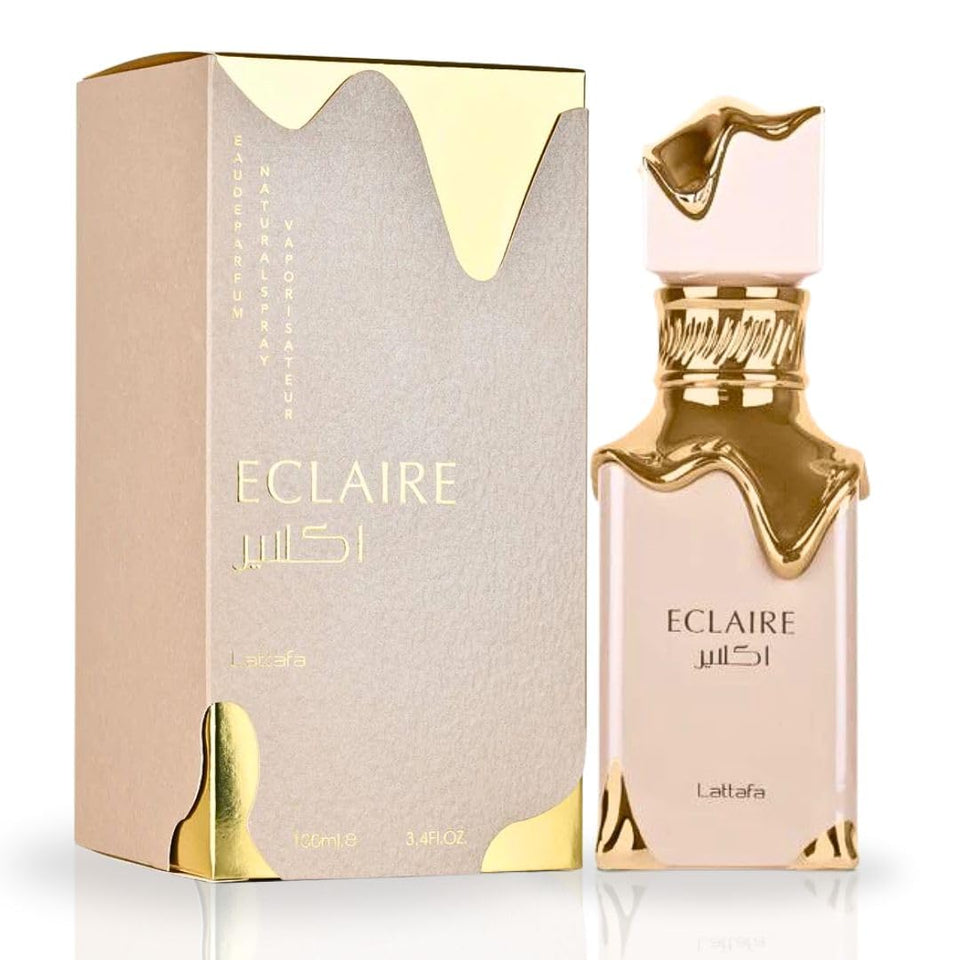 Lattafa Eclaire front packaging showing bottle and label, elegant presentation benefit