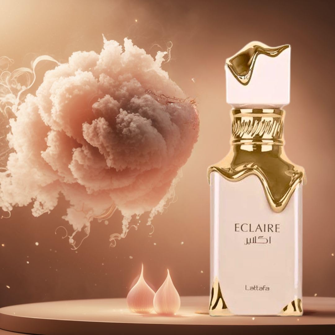 Lattafa Eclaire ingredients flatlay with caramel and flowers, sensory inspiration benefit