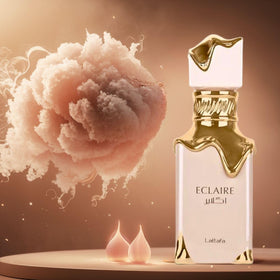 Lattafa Eclaire ingredients flatlay with caramel and flowers, sensory inspiration benefit