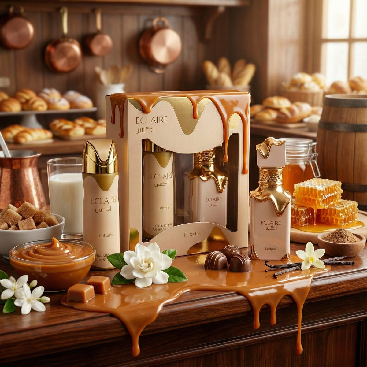 Lattafa Eclaire set on a vanity styled with accessories, inspires gifting and daily use