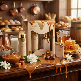Lattafa Eclaire set on a vanity styled with accessories, inspires gifting and daily use