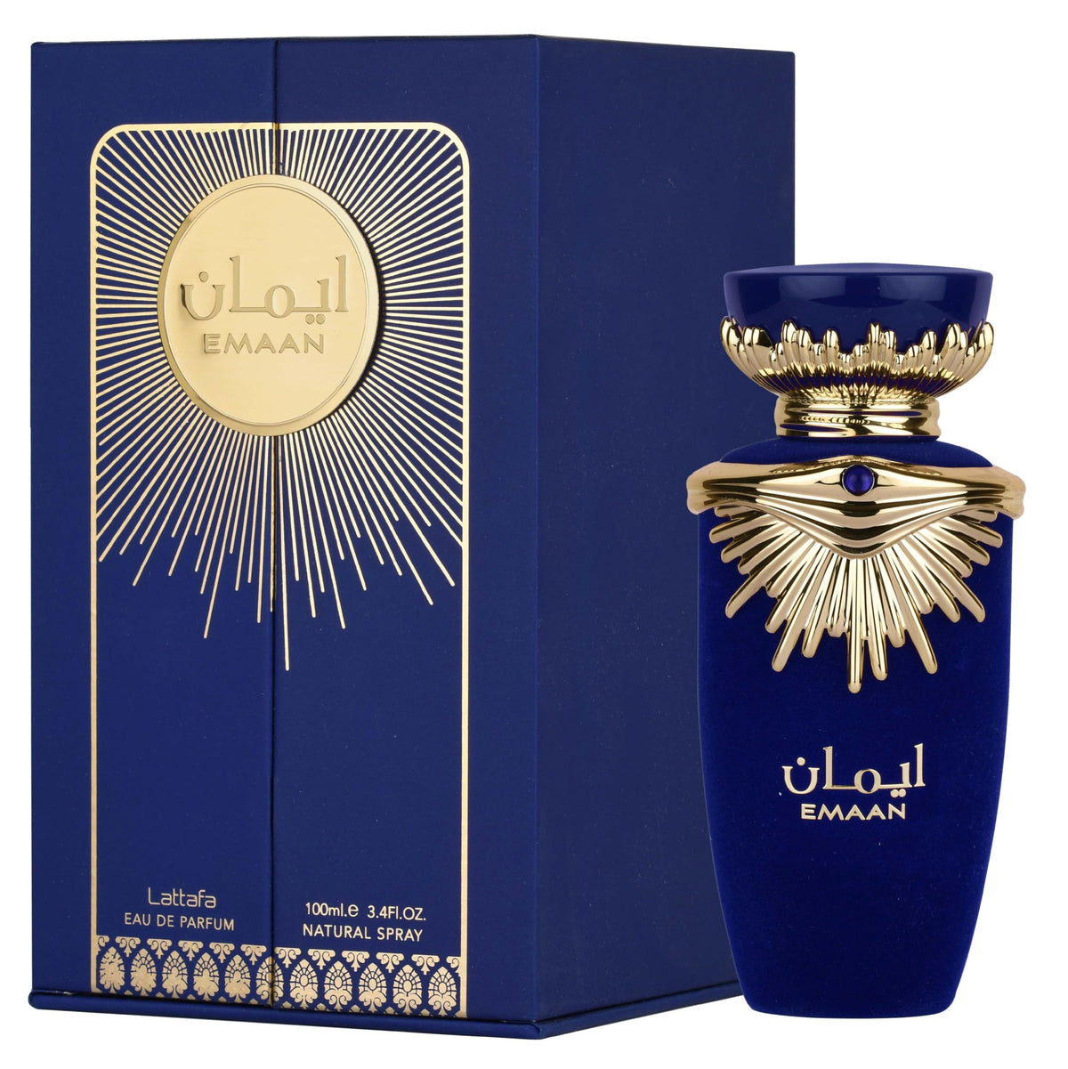 Lattafa Emaan retail box packaging highlighting brand and scent notes