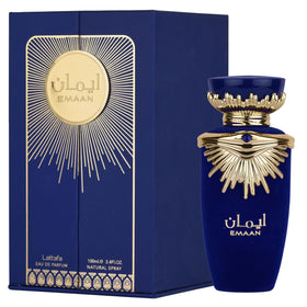 Lattafa Emaan retail box packaging highlighting brand and scent notes