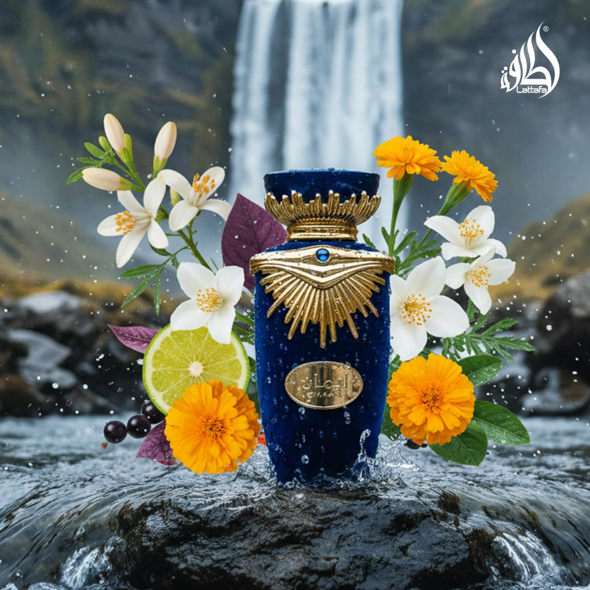 Lattafa Emaan mist in air capture showing fine spray and immediate freshness