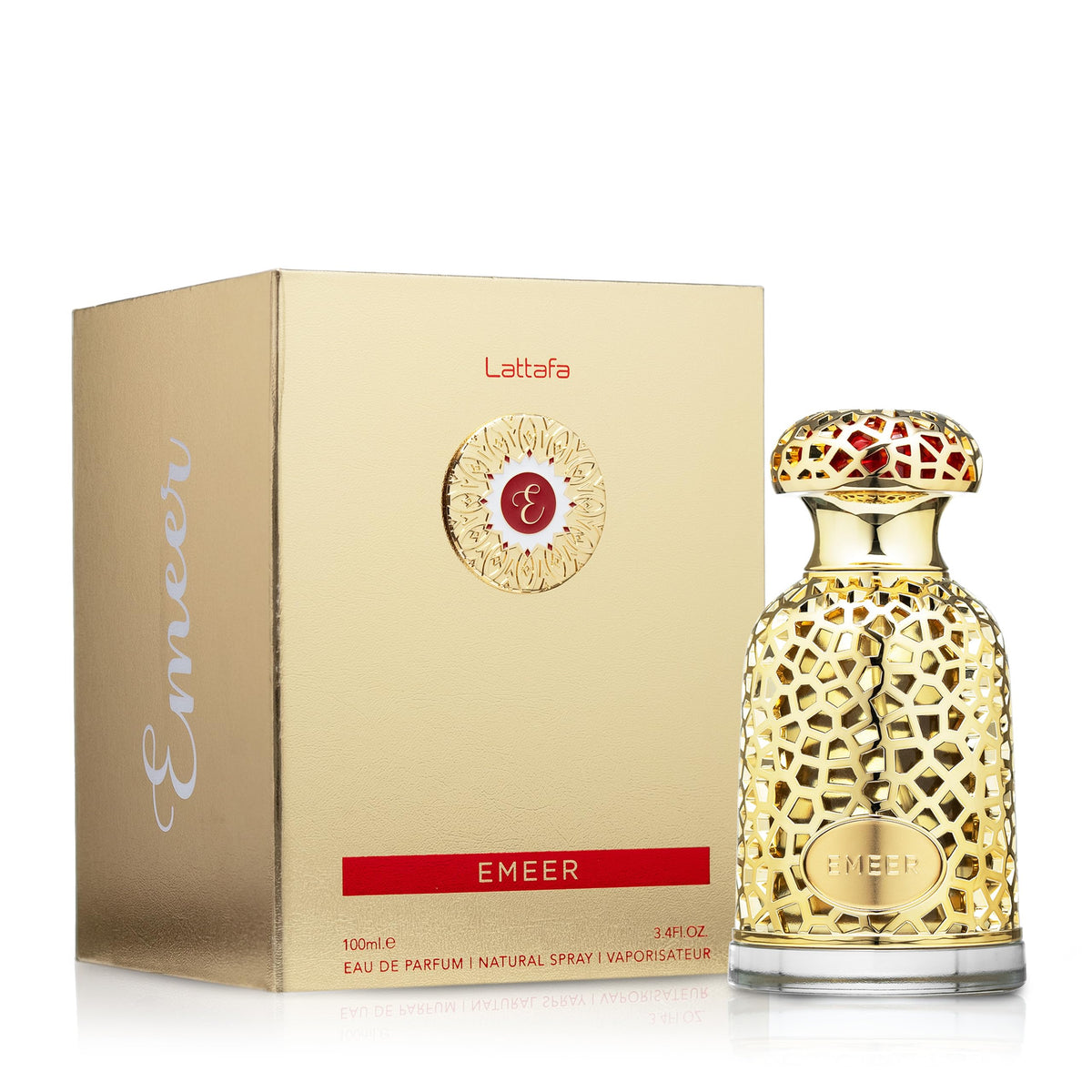 Lattafa Emeer bottle beside box emphasizing premium packaging and gift readiness