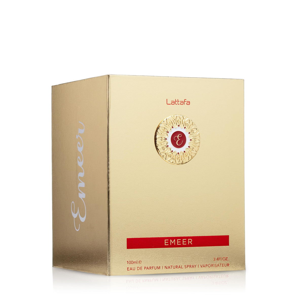 Lattafa Emeer atomizer close-up demonstrating fine mist and easy application
