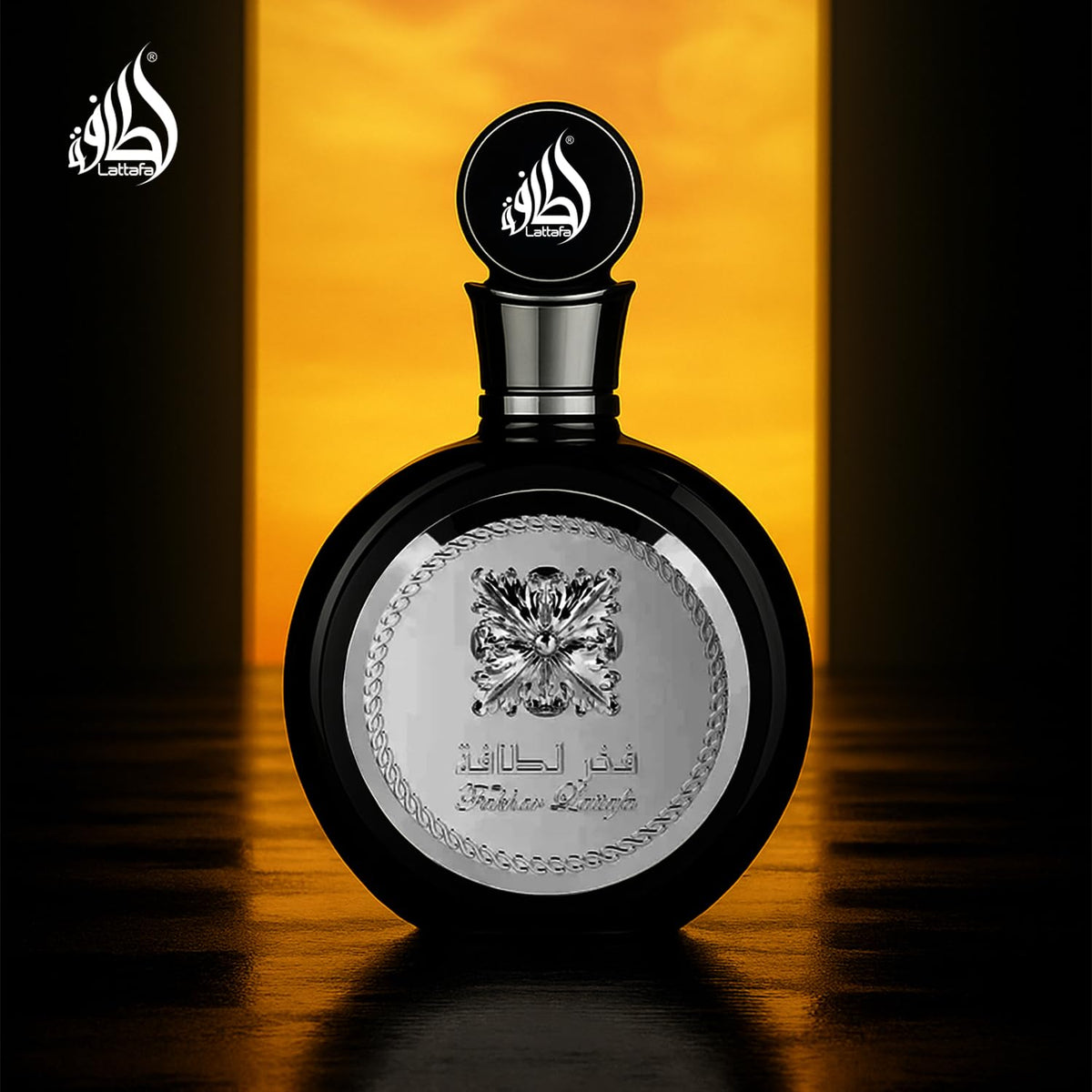Lattafa Fakhar bottle on wood surface conveying warm, woody fragrance mood