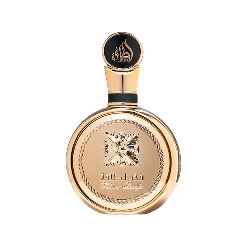 Lattafa Fakhar Gold front bottle view showing elegant design and lasting impression