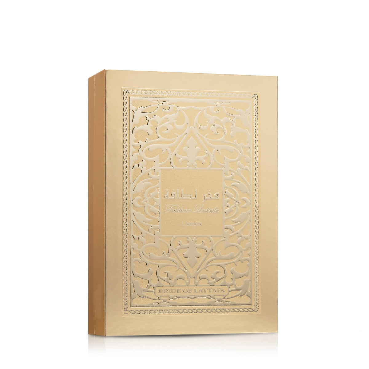 Lattafa Fakhar Gold product box and branding emphasizing premium unisex packaging