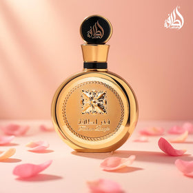 Lattafa Fakhar Gold amber and woody notes texture close-up conveying warm depth