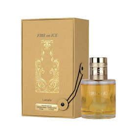 Lattafa angled bottle close-up revealing texture and premium finish