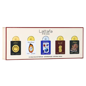 Lattafa giftset front view showing five 20ml bottles and elegant presentation benefit: ready-to-gift