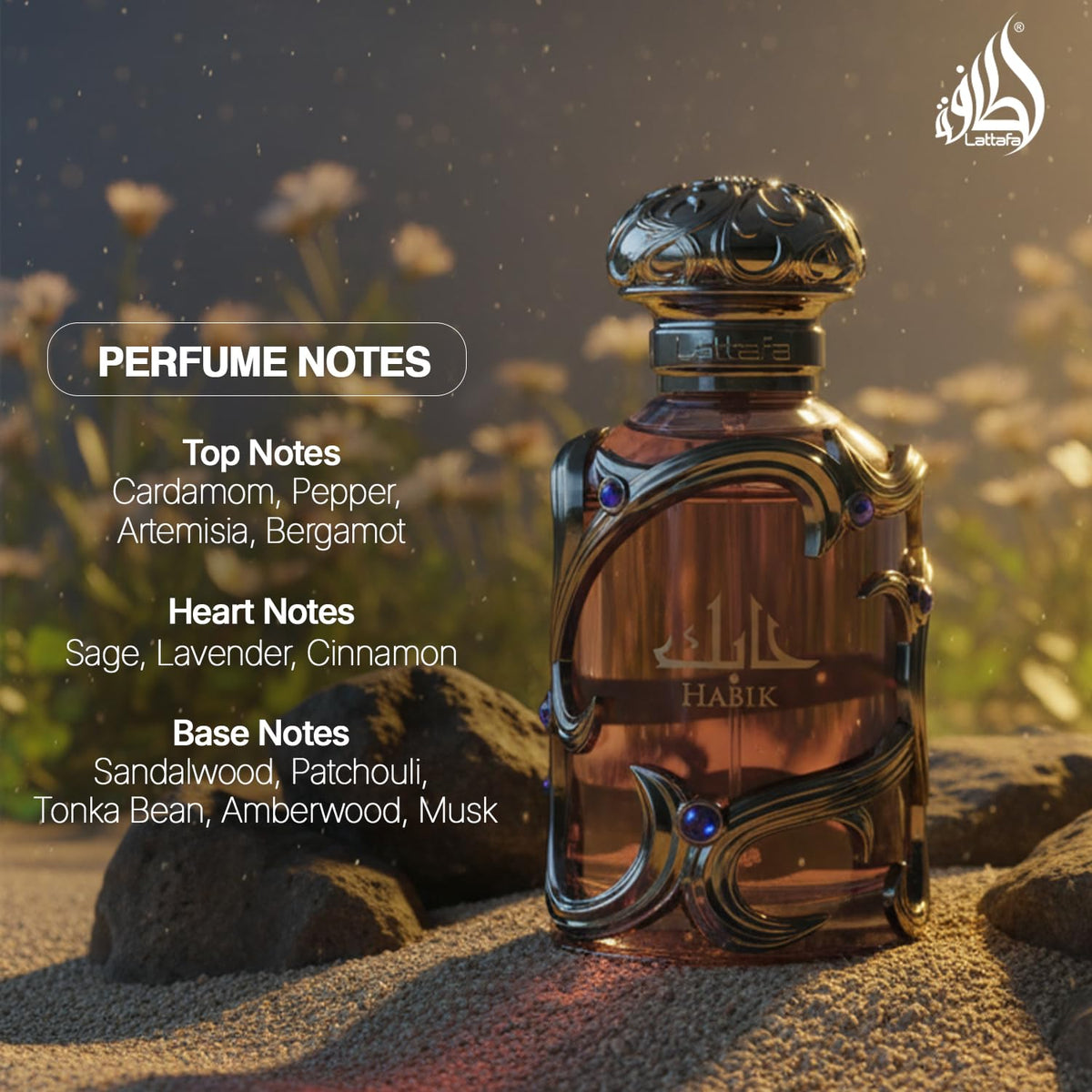 Lattafa Habik label close-up highlighting brand and notes benefit: clear ingredient focus