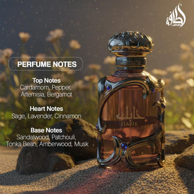 Lattafa Habik label close-up highlighting brand and notes benefit: clear ingredient focus