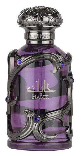 Lattafa Habik front packaging showing 100ml bottle and sleek design benefit: strong shelf presence