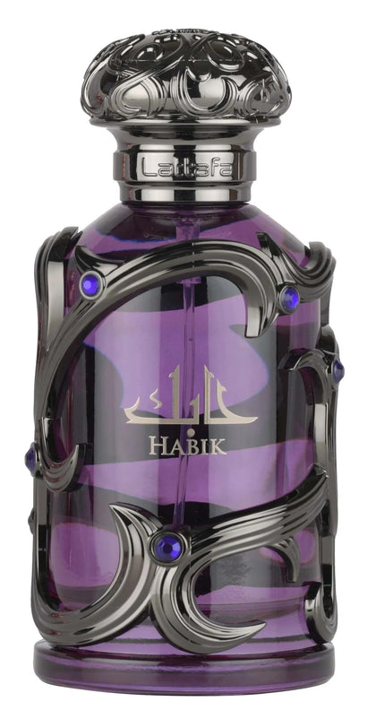 Lattafa Habik front packaging showing 100ml bottle and sleek design benefit: strong shelf presence