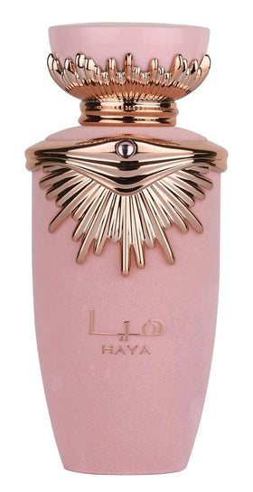 Lattafa Haya front bottle showing label and chic packaging benefit: elegant presentation