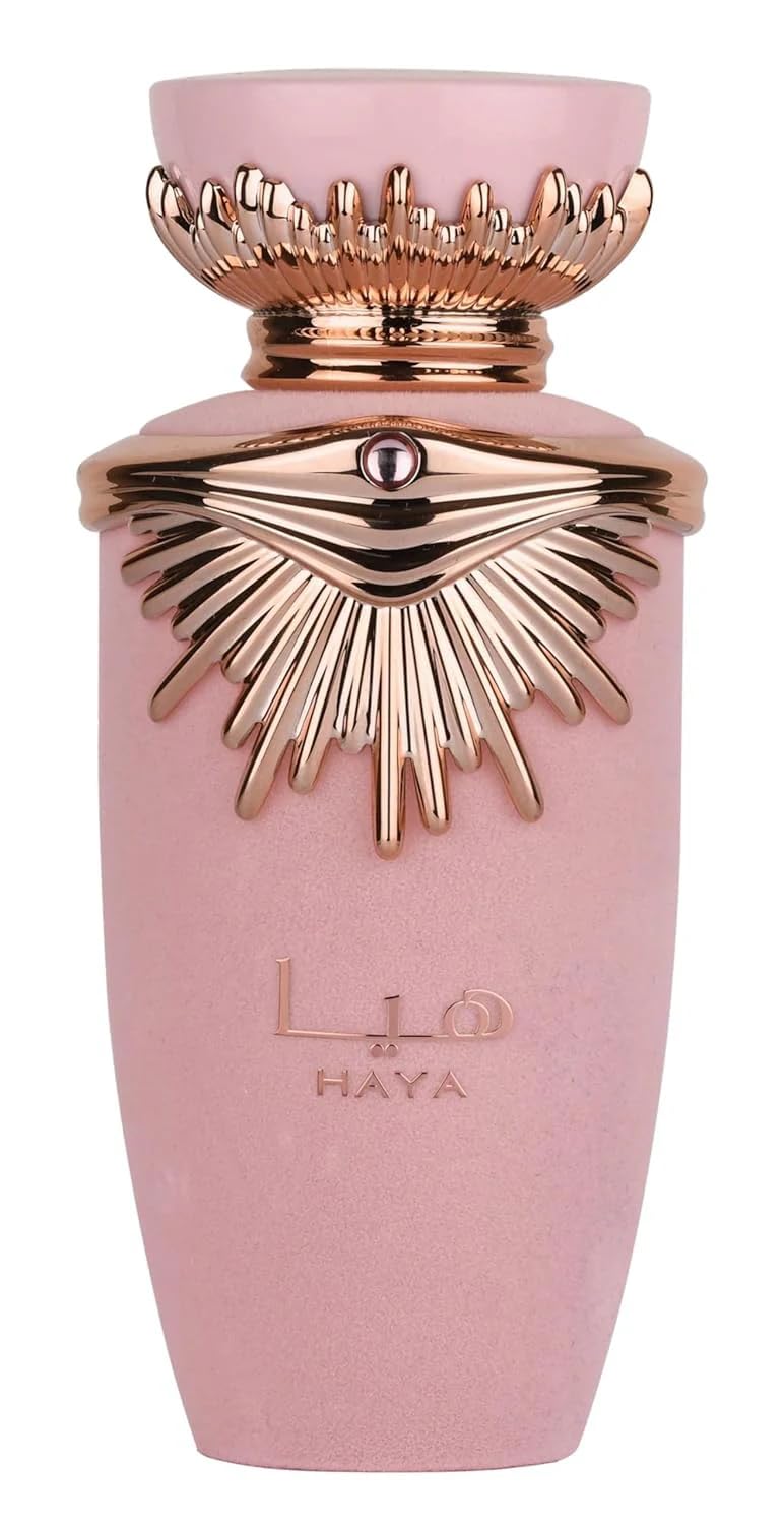 Lattafa Haya front bottle showing label and chic packaging benefit: elegant presentation