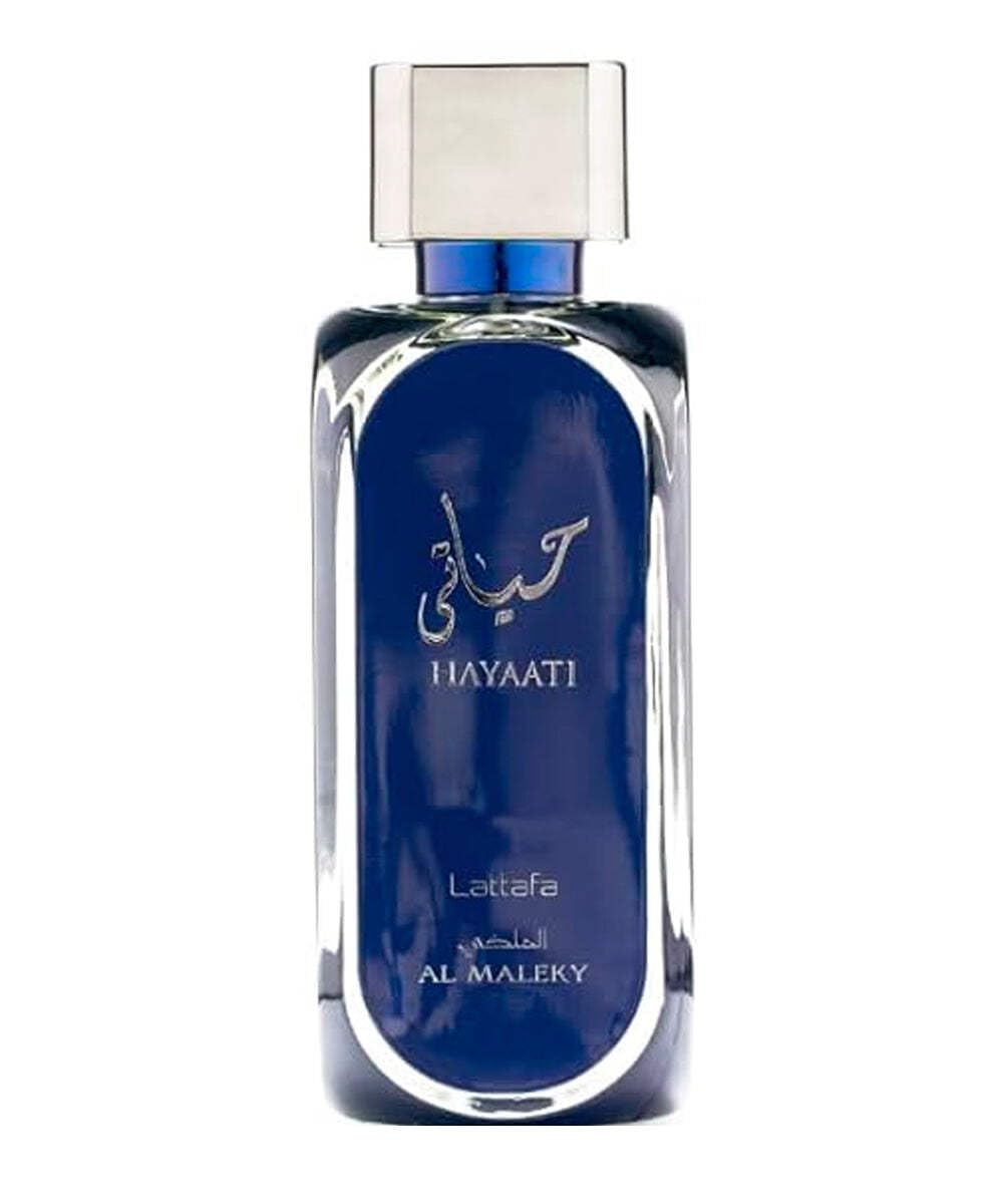 Lattafa Hayaati Al Maleky front bottle showing elegant design and men's fragrance appeal