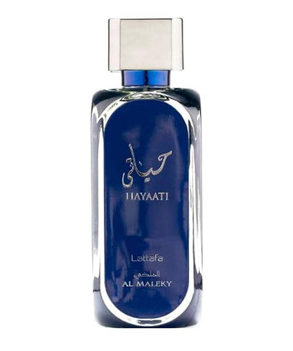 Lattafa Hayaati Al Maleky front bottle showing elegant design and men's fragrance appeal