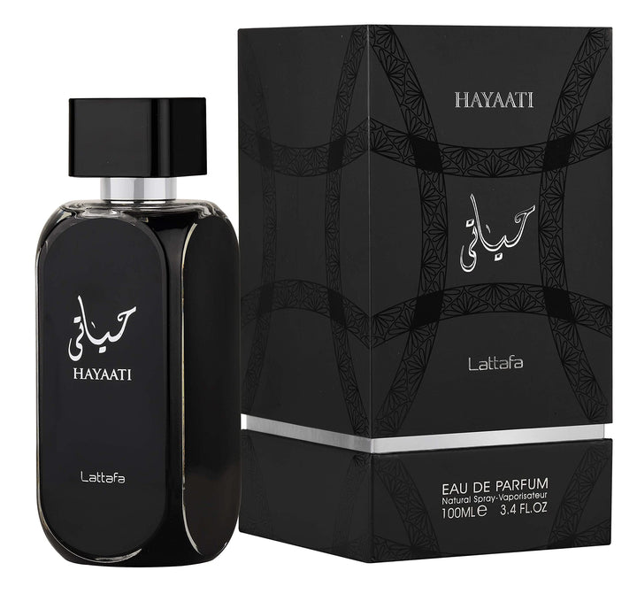 Lattafa Hayaati front bottle view showing sleek label and size benefits