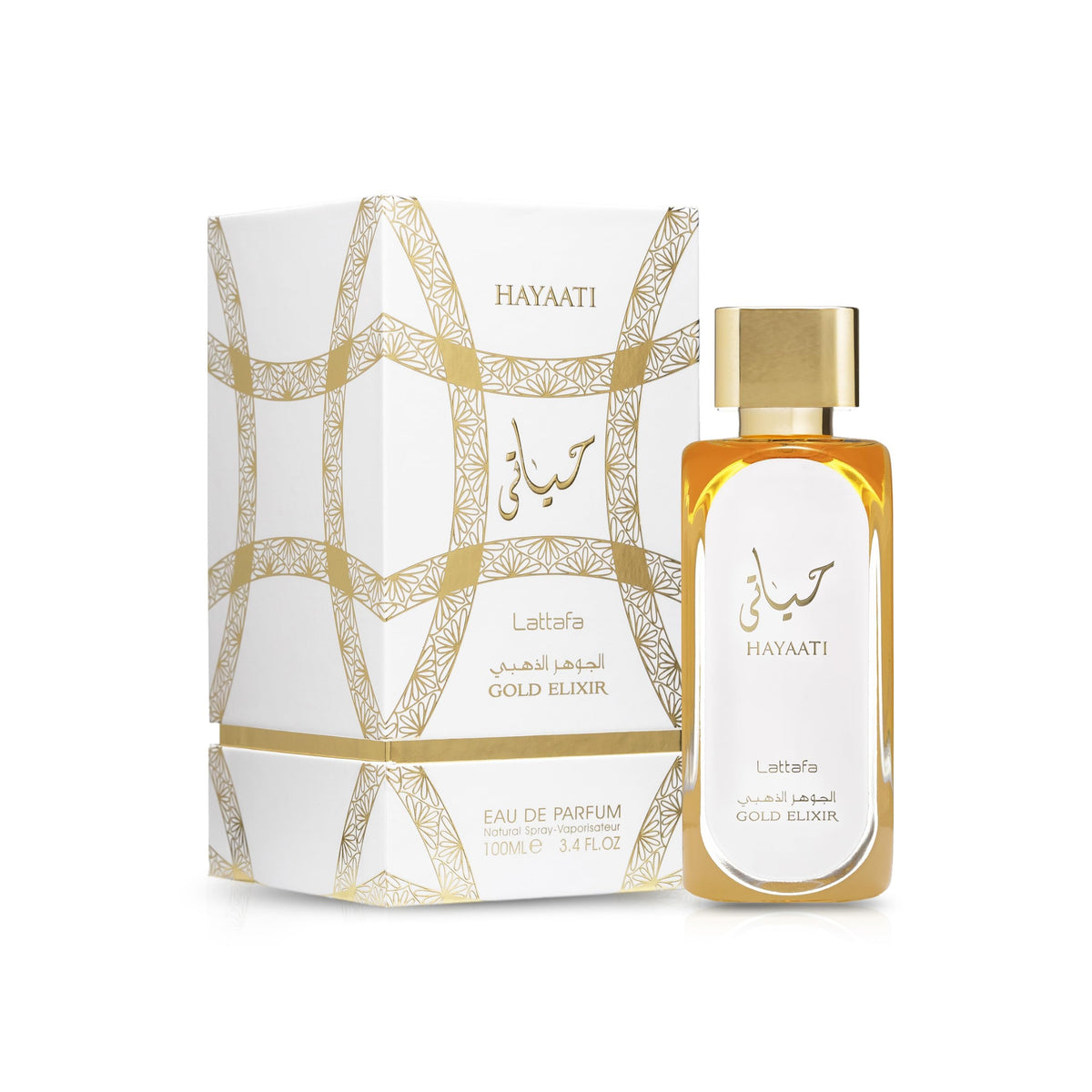 Lattafa Hayaati Gold Elixir angled packaging highlighting premium presentation and gifting advantage