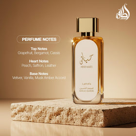 Lattafa Hayaati Gold Elixir cap and neck detail emphasizing refined finish and durable design